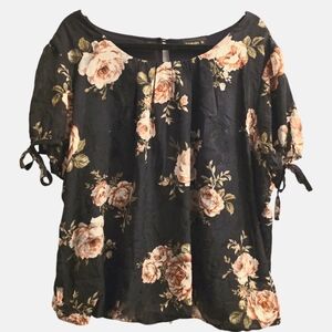 Tamara H Navy Floral Semi Sheer Lined Peasant Style Short Sl. Blouse Plus Sz 2X